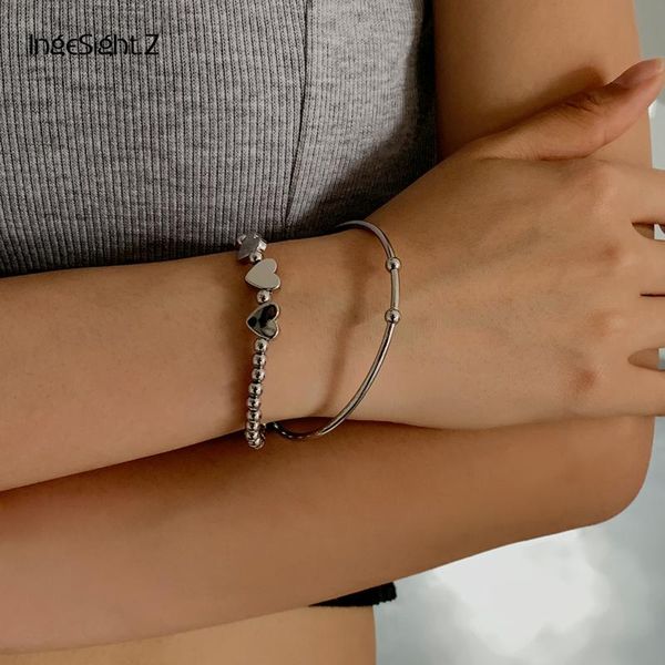 

charm bracelets ingesight.z 2pcs/set kpop cute heart bangle silver color beaded chain cuff friendship bracelet for women jewelry, Golden;silver