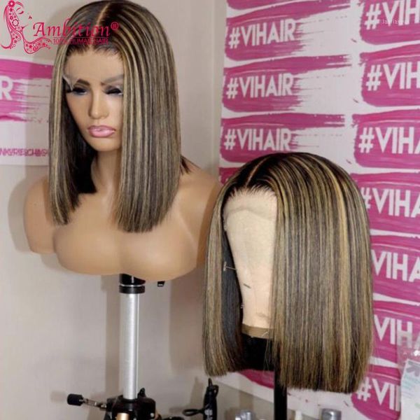 

ambition highlight bob lace font wigs preplucked hair for women human closure cut wigbleached knots1, Black;brown