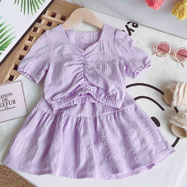 Mädchen Kleidung Set Süße Kurzarm Einfarbig Bluse + Rock 2-teilig Sommer Chiffon Kinder 210515