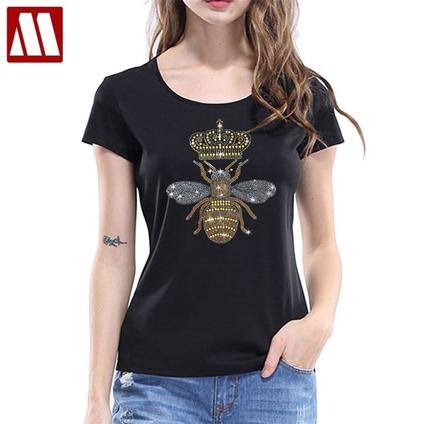 Chegadas Casual Female Camiseta Coroa Bee Diamante Camisas Forma Preto / Branco Frisado - Tshirt 210623