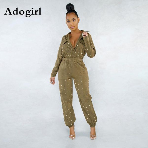 

women's jumpsuits & rompers beading jumpsuit coffee color thin waist side pocket turn-down collar long sleeve women fashion overalls pl, Black;white