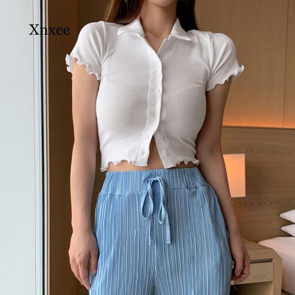 

women's t-shirt 2021 british knitted lapel ribbed t shirts short sleeve basic women summer tees fashion casual streetwear slim cardiga, White