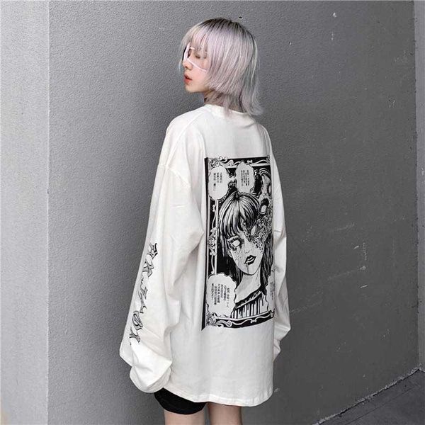 

cartoon horror graphic print women t shirts character loose punk japanese pullover harajuku street tees, White