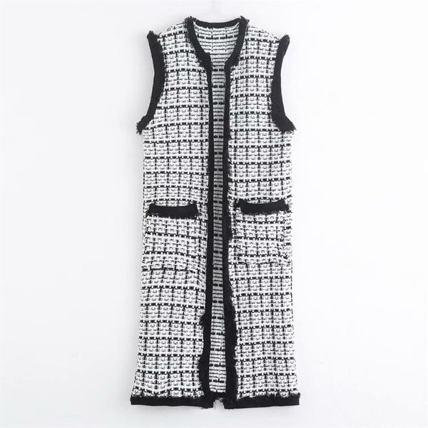 

women's vests spring 2021 sleeveless knit vest pocket with beaded contrast stitching twill tweed long cardigan 08146130093, Black;white