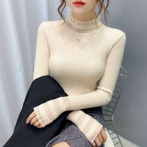 

women's sweaters sweaterssemi turtleneck sweater bottom with foreign style inside lace pullover slim knit in autumn and winter of qcls, White;black