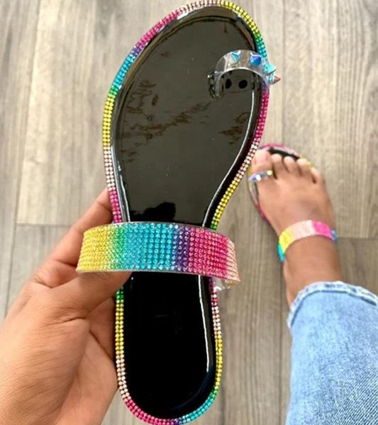 

slippers 2021 style rhinestone sandals summer bohemian flat toe women's shoes sapatos de mujer fashion, Black