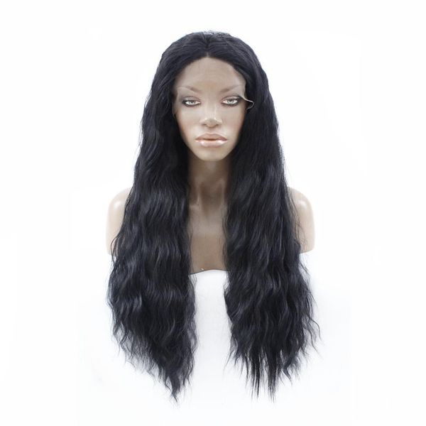 

synthetic wigs heat resistant hair black color lace front wig for women middle part half hand tied long wavy