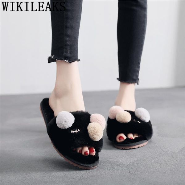 

slippers dames plush house shoes cute flat fashion furry home fur slides korean style zapatos de mujer klapki, Black