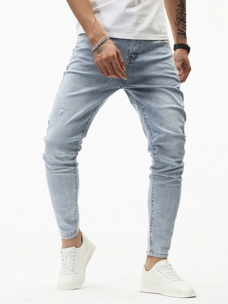 

men bleach wash skinny jeans 25sf#, Blue