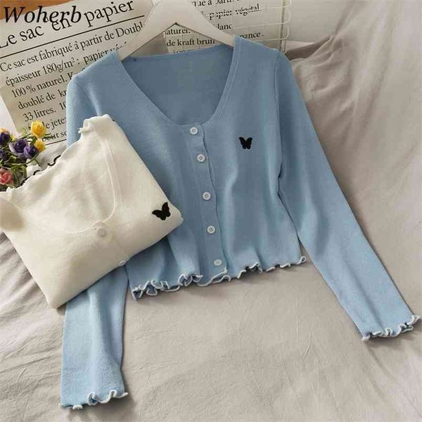 

thin cardigan summer women elegant long sleeve crop butterfly embroidery v-neck slim ruffle knit sweater coat jumper 210519, White