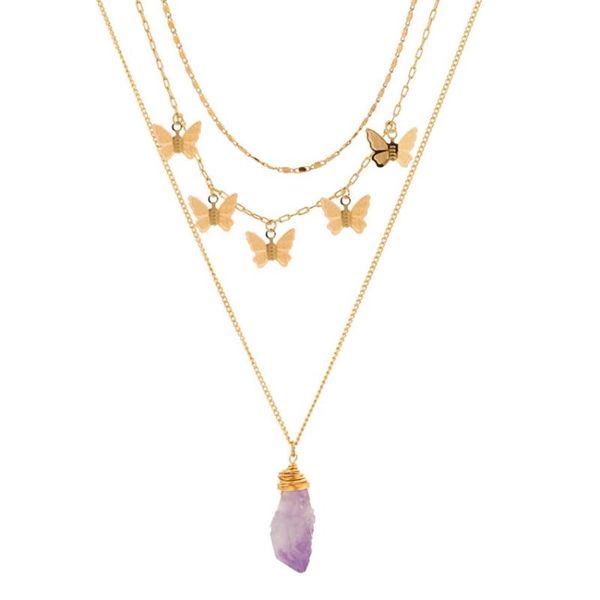 

pendant necklaces fysl light yellow gold color butterfly connect amethysts stone multi layer chain necklace trendy jewelry, Silver