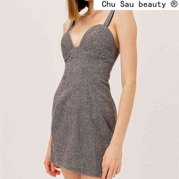 

fashion summer casual chic plaid print sling mini dress women party style deep v-neck backless dresses female 210508, Black;gray