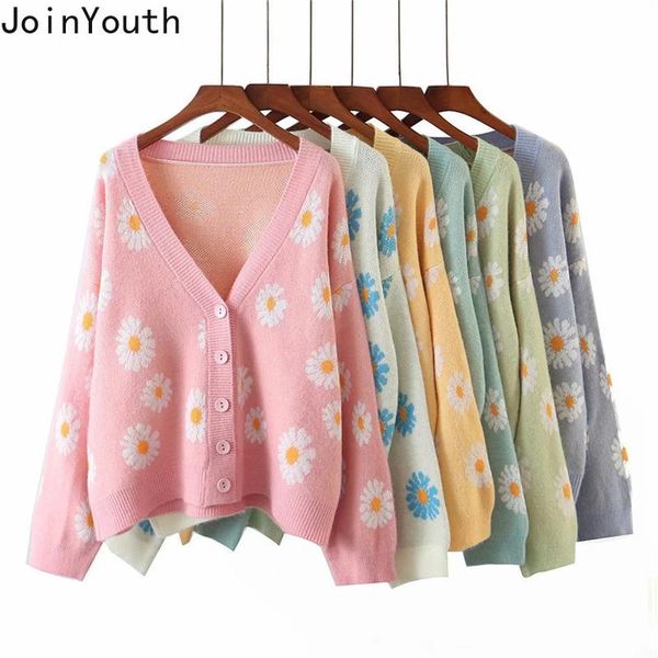 

women's knits & tees joinyouth women little daisy jacquard cardigan sweaters 2021 autumn winter korean fashion v-neck knitted jacket ca, White
