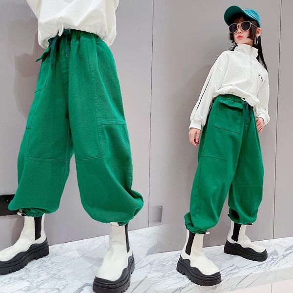 

trousers teen black green cargo pants girls cotton casual long pocket elastic waist kids streetwear girl bottoms 5-14 year, Blue