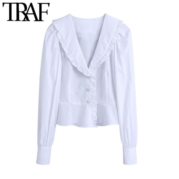TRAF Женщины сладкие моды rucher отделки обрезанные белые блузки старинные слоеные рукав драгоценные кнопки женские рубашки шикарные вершины 210415