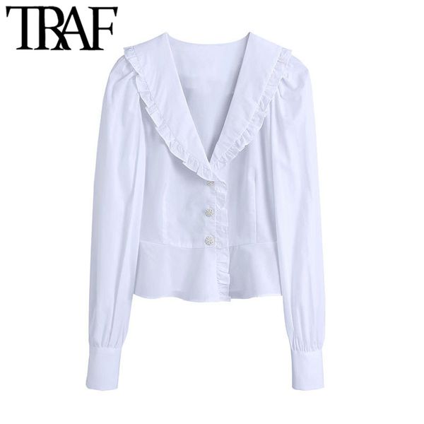 

traf women sweet fashion ruffle trim cropped white blouses vintage puff sleeve gem buttons female shirts chic 210415