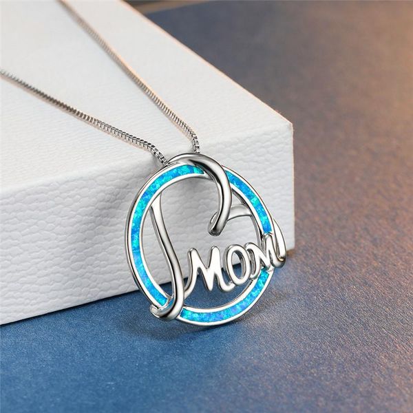 

pendant necklaces white blue man made opal necklace mom letter heart chain for women charm birthday wedding jewelry gifts, Silver