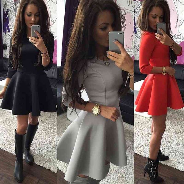 

drees black red dress women o-neck long sleeve hight waist hem knee-length dress slim summer party dresses women, Black;gray
