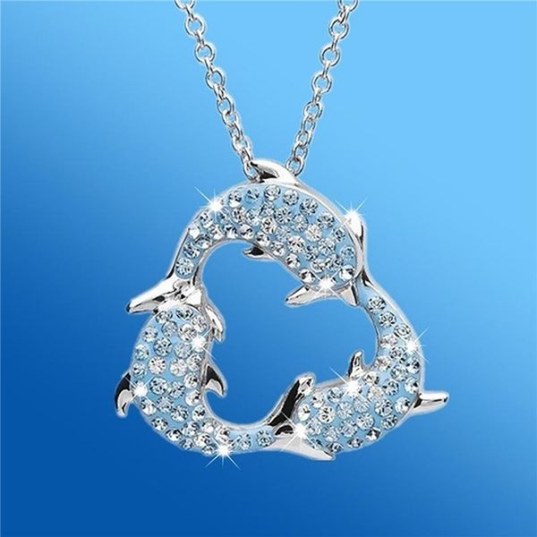 

arrival fashion rhinestone crystal blue three dolphin pendant necklace for women cute sweet beautiful animal jewelry gift necklaces, Silver