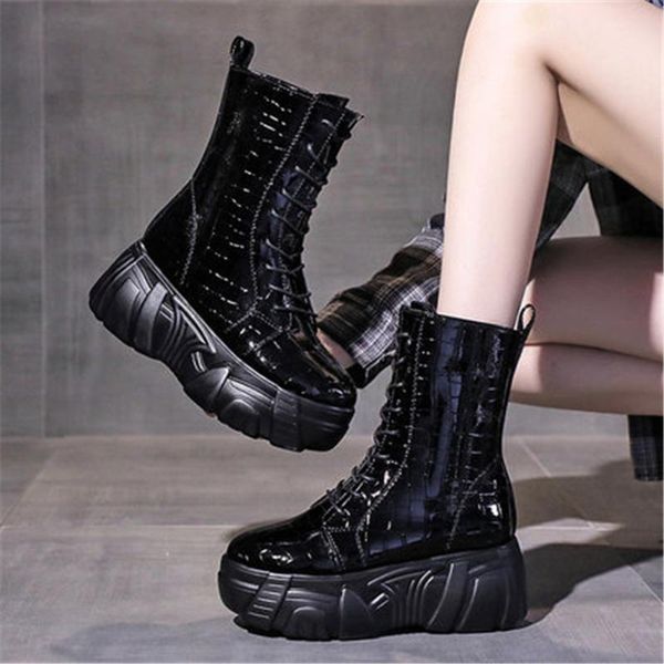 

boots autumn winter warm leather ankle women high heel .5cm thick sole lacing black beige chunky sneakers female platform shoes
