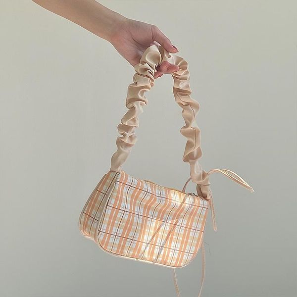

cross body plaid fold drawstring handbag for women 2021 girls cute nylon small shoulder underarm bag retro design ladies messenger bags