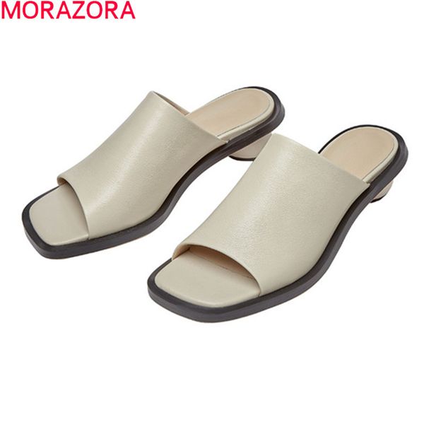 MORAZORA Echtes Leder Hausschuhe Frauen Med Heels Karree Damen Casual Schuhe Sommer Schwarz Reis Weiß Mules Schuhe 210506