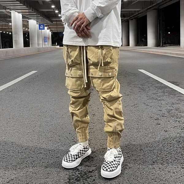 

men's pants multi-pockets cannonball drawstring casual cargo mens high street straight retro oversozed streetwear loose trousers, Black