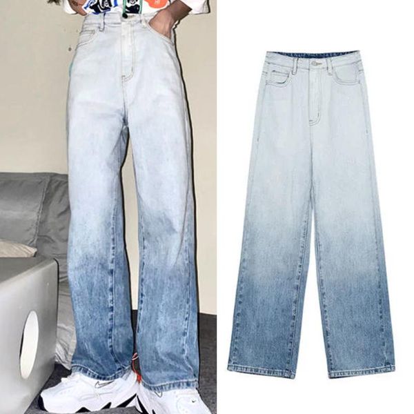 

women's jeans women gradient color boyfriend for summer spring vintage loose slimming denim straight long pants plus size female, Blue