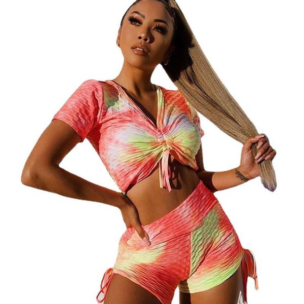 

yoga outfit tie dye leisure gym set for women short sleeve drawstring high waist shorts tracksuit outdoor training workout suit
