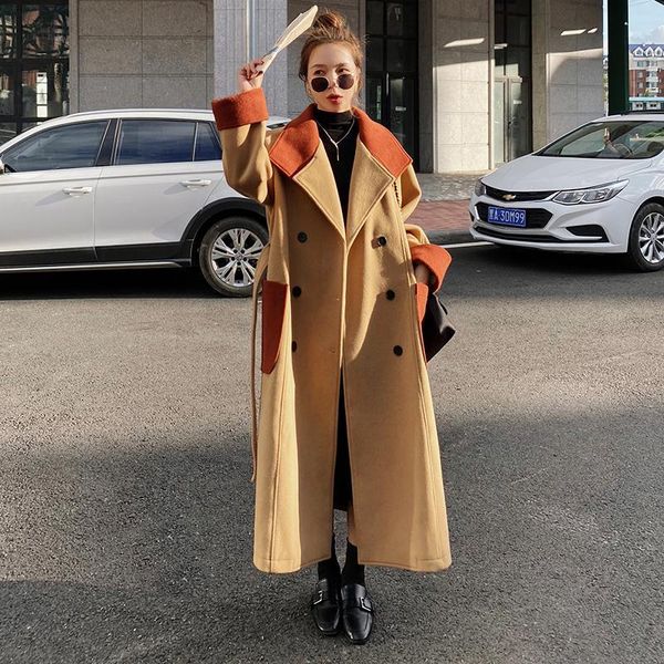

& blends women's woolen coat korean long loose thick stitching khaki lapel double-breasted winter fashion artificial wool coat2a bir8, Black