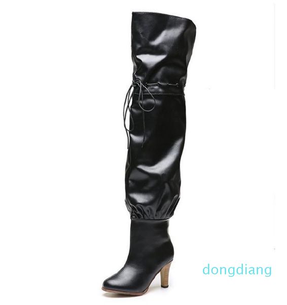 

designer- lady leather pleated high heel rubber outsole thigh-high boot women letter canvas over-the-knee boots pointed toe zipper slip-on, Black