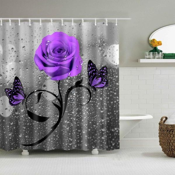 

plant shower curtain purple rose butterfly fashion bath accessories with 12 hooks waterproof polyester fabric bathroom decor curtains