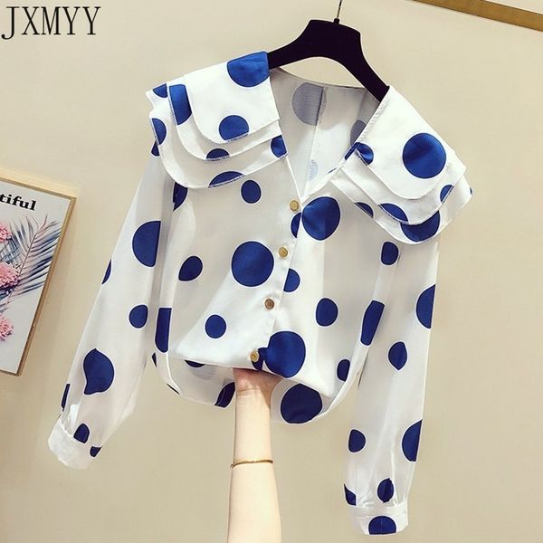 

long sleeve dot chiffon blouse shirt women blusa blusas mujer de moda womens and blouses women clothing jxmyy 210412, White