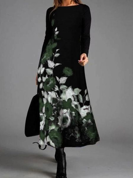 

plus size women fashion floral print dress casual long sleeve midi o neck ladies maxi elegant party boho dresses black vintage, Black;gray