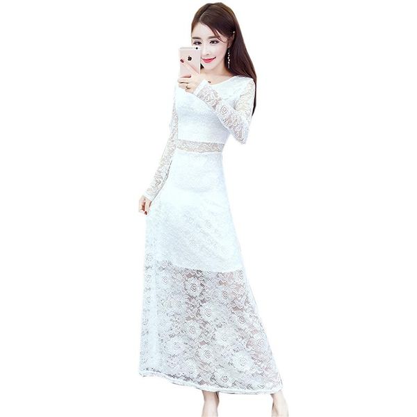 

casual dresses 2021 spring lace long women hollow out sleeve o-neck slim party dress vestidos ladies black fp0554, Black;gray
