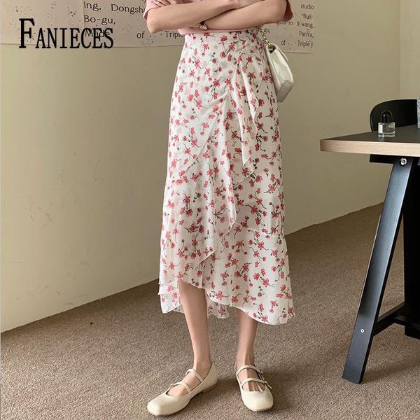 

skirts summer womens 2021 vintage floral print chiffon pleated skirt elastic high waist casual midi women clothes jupe, Black