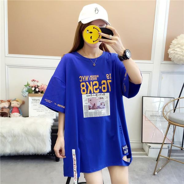 

#0893 blue white hip hop long t shirt women holes loose harajuku printed female casual womens tee shirts cotton summer women's t-shirt