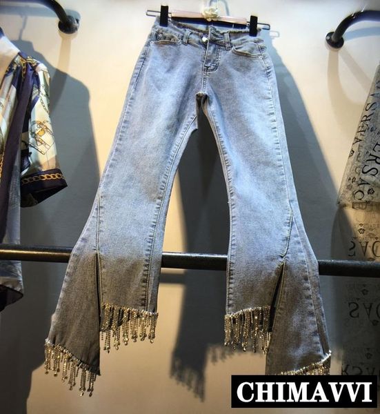 

women's jeans european women slim spring/summer rhinestone tassel-studded nail beads high waist flare lady skinny denim pants, Blue