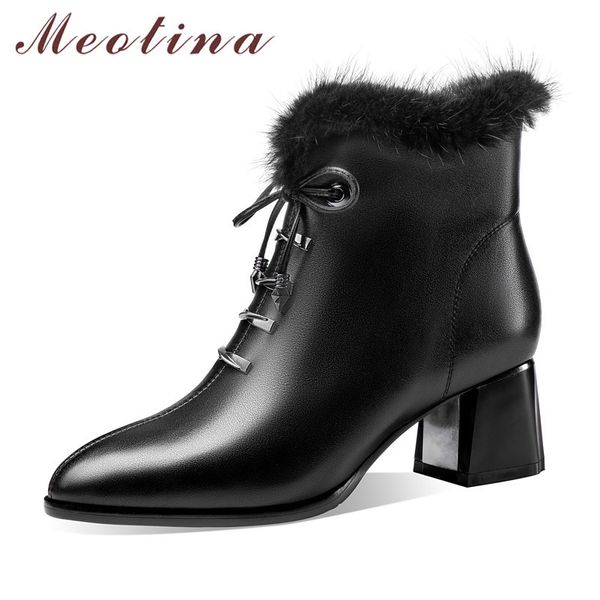 Meotina Genuine Leather Block Heels Ankle Botas Mulheres Sapatos Pontilhados Dedo De Salto alto Cruz Cruz Amarrado Botas Short Boots Feminino Inverno Preto 210520