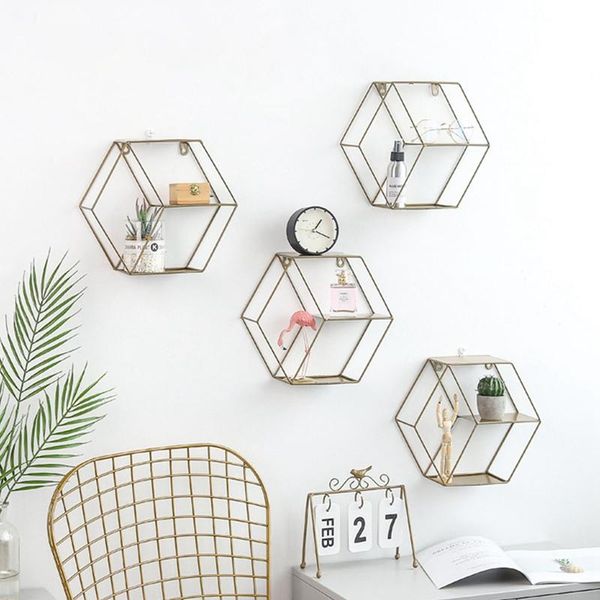 

hooks & rails modern simple iron art hexagonal wall shelf living room bedroom decoration storage shop decorative frame