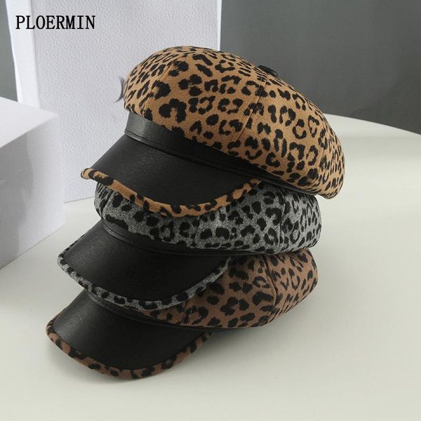 

berets women leopard print beret hat autumn winter warm painter cap retro british style octagonal navy outdoor sboy, Blue;gray