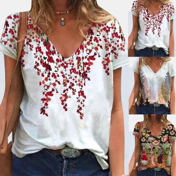 

fashion women summer casual flower character print v-neck short-sleeved t-shirt ladies pullover tshirt tee 35 women's, White