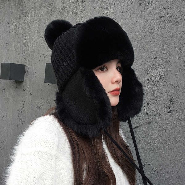 

lei feng female winter trend plush knitted warm sweet ear cap designer cold proof wool hat, Blue;gray