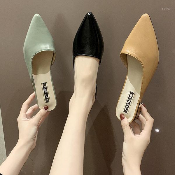 

slippers shoes loafers cover toe thin heels ladies' slipers women med luxury slides pointed 2021 designer sewing fabric rubber p1, Black