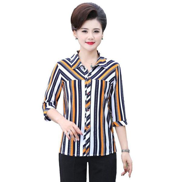 

women's blouses & shirts middle-aged elderly mothers shirt sundress summer chiffon stripe tee plus size 5xl w488, White