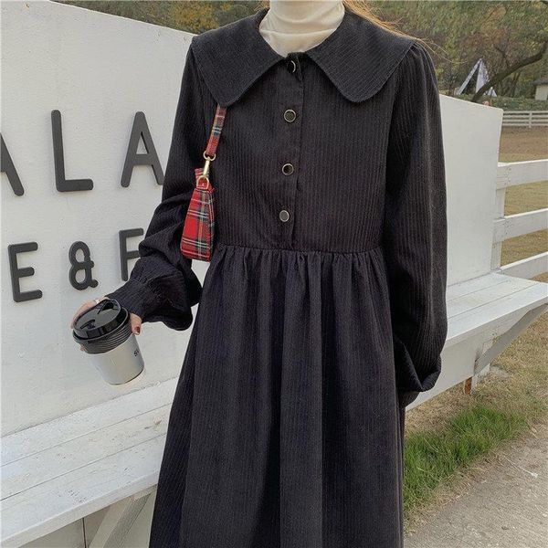 

womens dress black vintage warm elegant stylish sweet retro women chic sashes corduroy a line princesses long brief soft, Black;gray