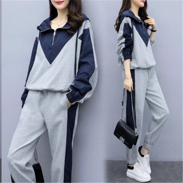 

women's two piece pants set women tracksuit spring autumn clothes patchwork hooded pullover and plus size sports casual loose suits, White