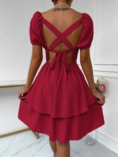 

shirred lace up back puff sleeve dress c7l5#, Black;gray