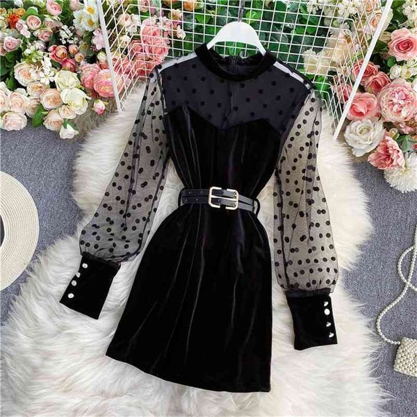 

spring autumn temperament fashion short dress polka dot mesh puff sleeve stitching retro velvet a-line uk661 210507, Black;gray