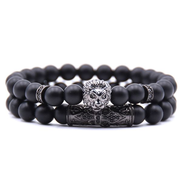 

8mm round balck frosted stone beads strands lion head charm bracelet 2pcs/set, Black